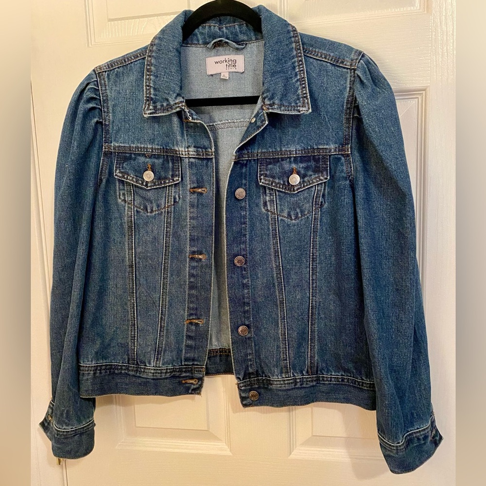 Working Title Denim Jean Jacket Puff Sleeve L large med wash NWOT